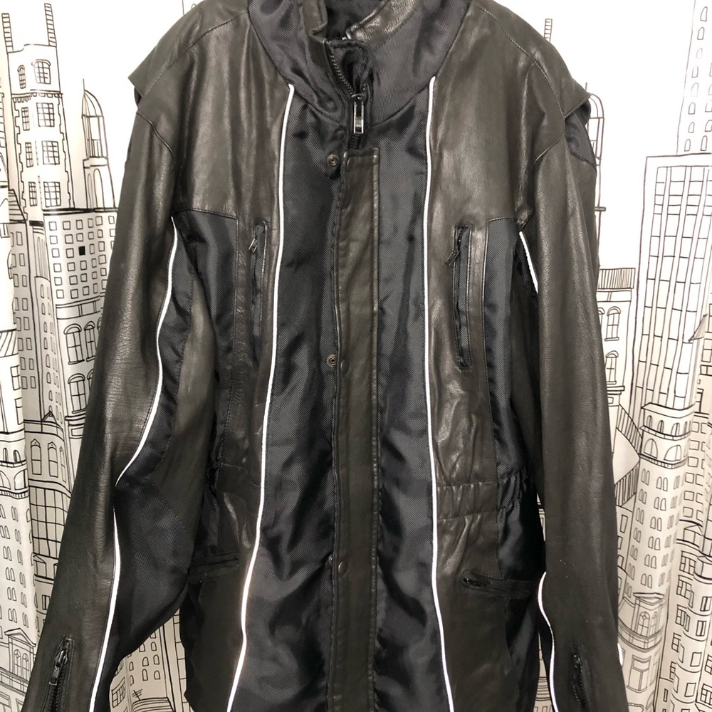 Vintage Black leather nylon mix Performance moto Jacket with Stand-Up Collar
